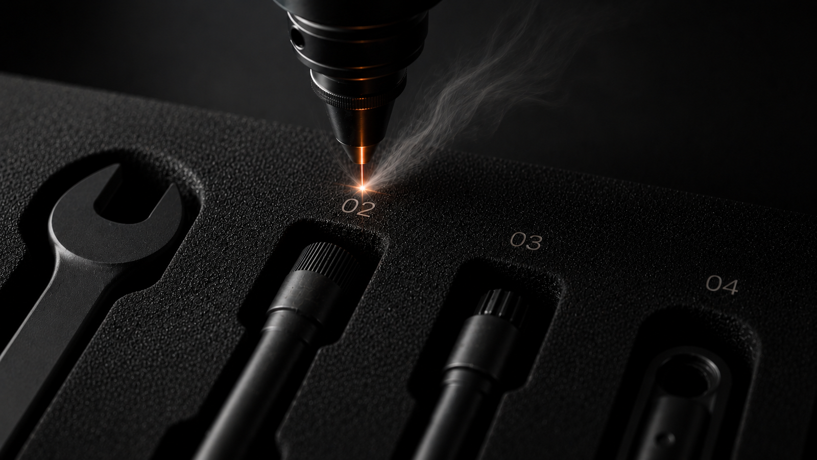 Laser engraving part numbers onto black EVA foam insert